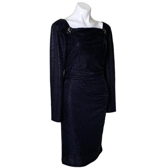 David Meister Black Textured Long-Sleeve Ruched Dress W/ Beaded Shoulders Size 8 - Picture 3 of 8